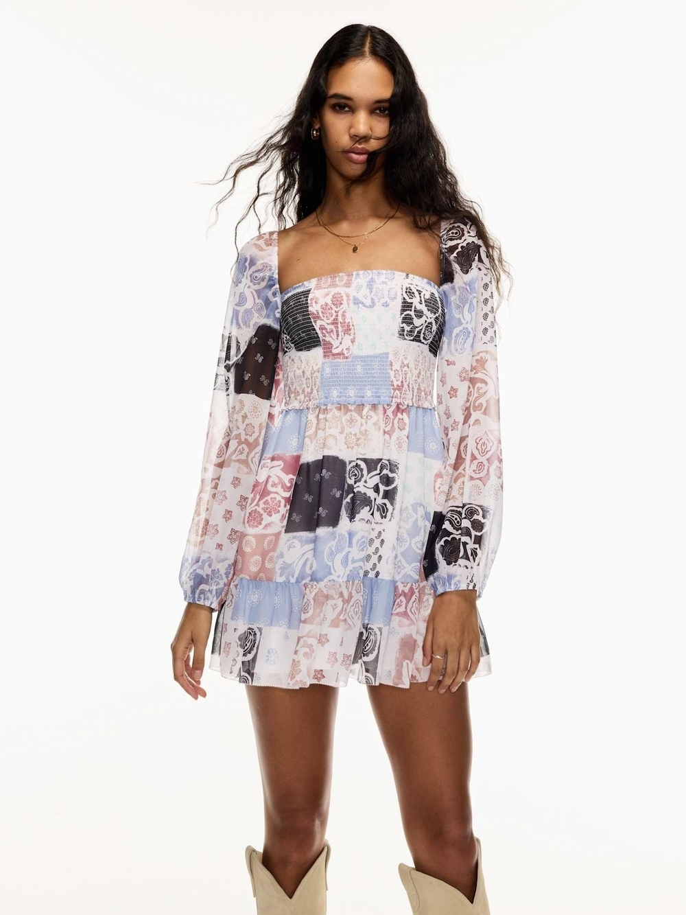 Wilfred Aritzia Pastel Patchwork Smocked Mini Dress Blue, Pink, Black Sz M